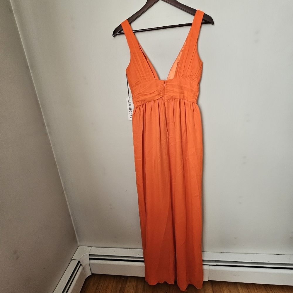 JAYGODFREY Gown Orange V-Neck Maxi Dress Silk Sleeveless Formal Womens 4 Fall - Picture 4 of 9